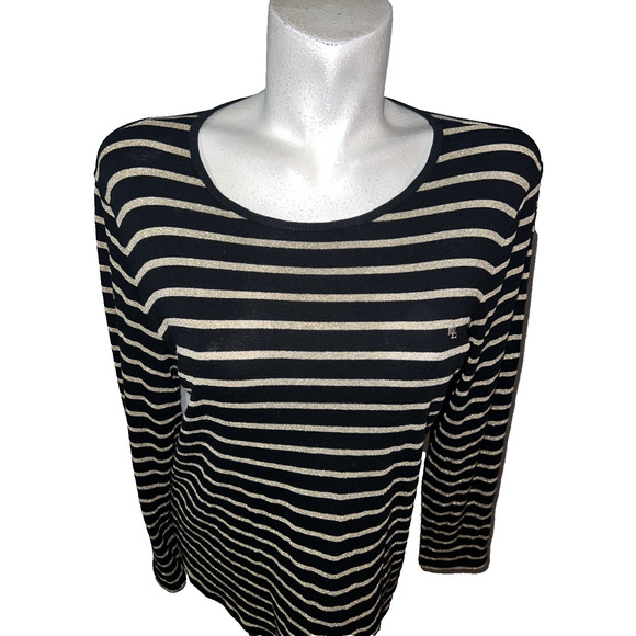 Lauren Ralph Lauren Top Womens Sz XL Black Gold Metallic Sparkle Stripe LS Shirt - Picture 2 of 9